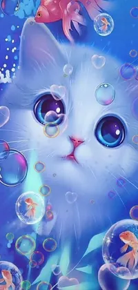 This live phone wallpaper features an adorable airbrush painting of a white and blue littlest pet shop cat surrounded by bubbles and fish set against a gradient of blues and purples