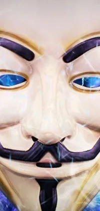 This phone live wallpaper showcases a close-up of a V for Vendetta mask with a revolutionary, digital art style