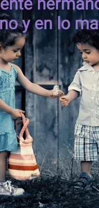 This live wallpaper depicts a heartwarming scene of two children exchanging seeds and gifts