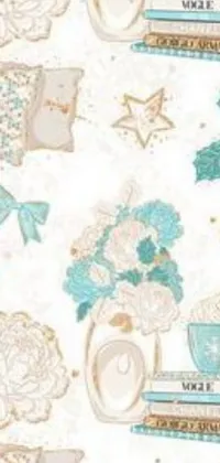 Enhance your phone background with this beautiful wallpaper featuring tea cups and flowers in a classic rococo pattern, with white and teal metallic accents adding shimmer