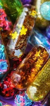 This live phone wallpaper features a stunning macro photo of colorful pills arranged in an artistic manner