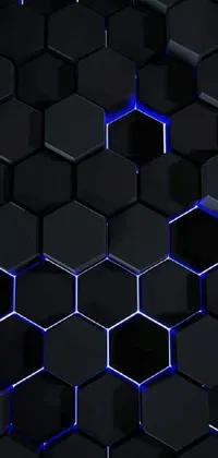 Introducing a mesmerizing phone live wallpaper featuring black cubes with blue lights moving on a hexagonal wall background
