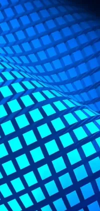 This 4k digital art live wallpaper features a close up of a cell phone on a table with sharp geometrical squares and pulsating glow waves in a mesmerizing blue color scheme