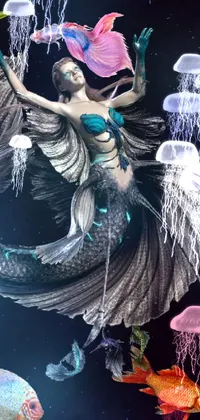 This live phone wallpaper displays a beautifully intricate statue of a woman holding a fish amidst a black OLED background