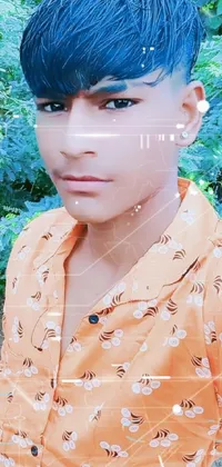 This live wallpaper for your phone features a young boy with blue hair posing confidently in a vibrant yellow floral blouse