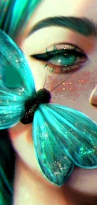 This phone live wallpaper is a stunning digital art creation, featuring a close-up of a woman with a butterfly on her nose
