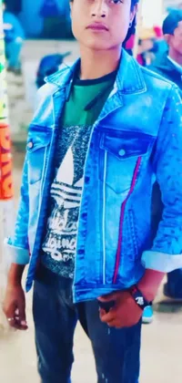 This colorful live wallpaper features a photorealistic painting of a confident teenage boy wearing a stylish denim jacket and futuristic metal garments