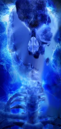 This live wallpaper showcases a haunting skeleton against a fiery blue backdrop created using digital art