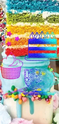 This phone live wallpaper features a close-up of a cake on a plate with pastel-colored frosting, sprinkles and cherries on top
