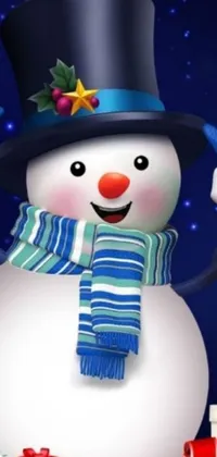 Get ready for winter wonderland on your phone with this charming live wallpaper! Featuring a smiling snowman in a top hat and scarf against a blue drapery, this digital artwork will bring a touch of whimsy to your device