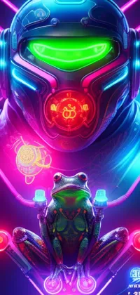 This phone live wallpaper features a frog sitting in front of a neon sign, with cyberpunk-inspired art and an ethereal mecha theme