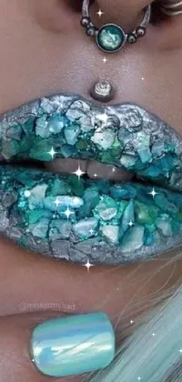 Get lost in the mesmerizing beauty of this phone live wallpaper featuring sparkling glitter lips, crystal cubism, a tranquil turquoise ocean, and realistic liquid metal gemstones