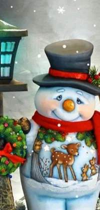 This snowman live wallpaper for your phone features a digitally created close-up of a vibrantly adorned snowman wearing a striped hat and scarf