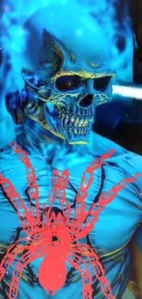 This Spider-Man live phone wallpaper features a close-up of a Spider-Man costume, beautifully painted via airbrush, with a Terminator skeleton silhouette emerging from bright blue firelike effects