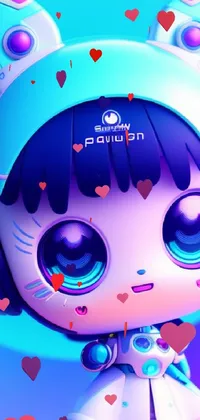 This phone live wallpaper features a delightful digital art design of a cute cartoon character doll with headphones, set against a soft pink background