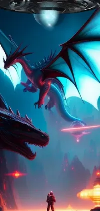 This stunning phone live wallpaper features a futuristic man alongside a fantastical red dragon, set against a stunning red and cyan gradient
