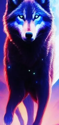 This visually stunning phone live wallpaper is a digital painting of a wolf standing in front of a full moon