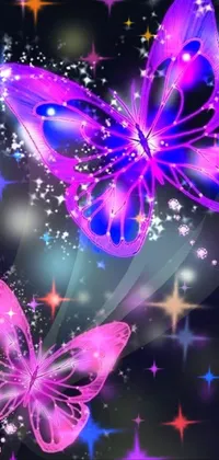 This phone live wallpaper displays two purple butterflies in flight with stunning attention to detail