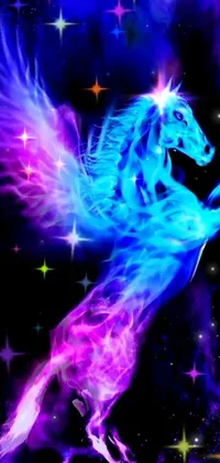 This mesmerizing phone live wallpaper depicts a surreal digital art scene of a majestic horse in flight, enveloped by a riot of wild, vibrant colors