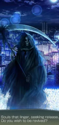 This stunning phone live wallpaper features a digital portrait of the grim reaper holding a scythe, amidst a mysterious city backdrop lit with glowing blue colours