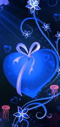 This stunning phone live wallpaper features a beautiful blue heart surrounded by jellys and flowers