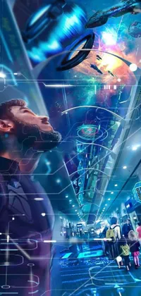This cyberpunk space live wallpaper features a man in front of a spaceship in a futuristic cityscape