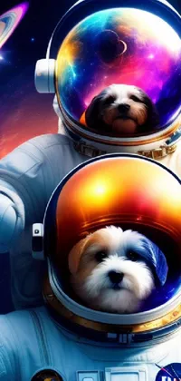 This live wallpaper showcases two Havanese dogs in space suits against a vivid space art backdrop in stunning 4K resolution