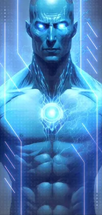 This live wallpaper features a powerful cyborg with lightning pulsing through his chest, set in a futuristic cityscape with neon lights and flying cars