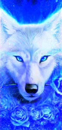 This phone live wallpaper features a majestic white wolf with piercing blue eyes, surrounded by blue flames and a stunning blue rose