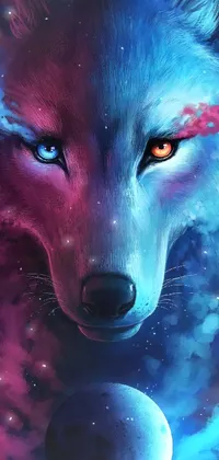This stunning phone live wallpaper boasts a digitally painted close-up of a majestic white wolf against a backdrop of a planet