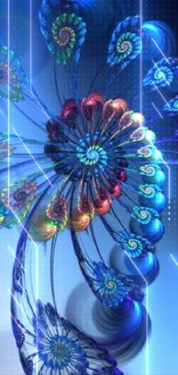 Enjoy a stunning live wallpaper that showcases a colorful glass sculpture on a table with a psychedelic art background, featuring fractals, a ferris wheel, and beautiful feathers arranged in beautiful hues of blues