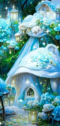 Transform your phone screen into an enchanted forest with this captivating live wallpaper! This airbrush painting depicts a fairy house nestled in the woods, colored in elegant light blue and white tones
