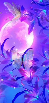 This phone live wallpaper features a stunning digital art landscape of purple flowers and butterflies against a backdrop of a full moon