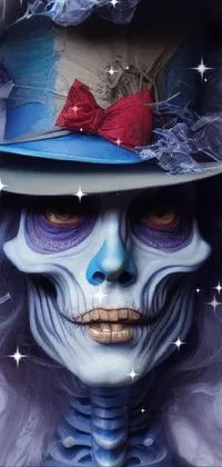 This live wallpaper features an airbrushed skeleton wearing a red bow and a top hat