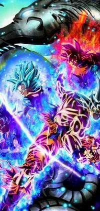 This phone live wallpaper features a thrilling battle between two legendary warriors set against a stunning cosmic backdrop with vivid colors and intricate designs