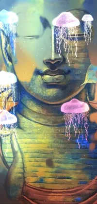 This beautiful phone live wallpaper depicts a serene buddha painted on a rustic brick wall, showcasing stunning hues