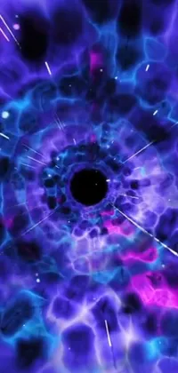 This phone live wallpaper displays a hypnotizing hologram of a black hole, surrounded by purple tubes and vibrant colors pulsating in the background