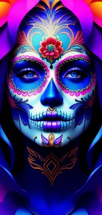 This phone live wallpaper depicts a colourful Mexican woman with floral adornments in her hair