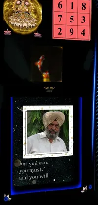 This phone live wallpaper showcases a colorful image of a man wearing a turban, created in a dynamic game card frame