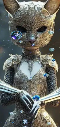 This phone live wallpaper showcases a fully dressed, ornate cat holding a sword in a close-up shot