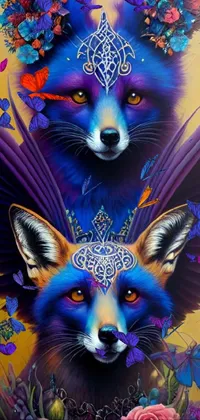This phone live wallpaper features an intricate and detailed airbrush painting of three foxes standing in front of a full moon