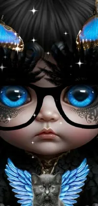 This phone live wallpaper features a stunning digital art of a doll with striking blue eyes wearing a pair of dark Victorian goggles