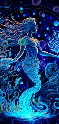 Looking for a mesmerizing and captivating live wallpaper for your phone? Check out this stunning design featuring a mermaid sitting atop a body of water, surrounded by vibrant aquatic life and twirling, glowing sea plants