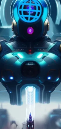 This phone live wallpaper showcases a mesmerizing digital artwork of a man standing in front of a mammoth robot with blue android eyes
