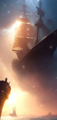 Transport yourself to a world of fantasy with this stunning phone live wallpaper of a ship surrounded by magical storm fog on a vast body of water