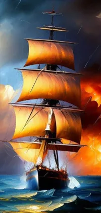 This live wallpaper depicts a sailing ship on a dramatic burning ocean, in a stylized oil painting with a fantasy atmosphere