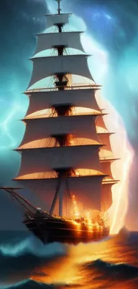This phone live wallpaper is a stunning 4K still image of a ship sailing in beautiful lightning
