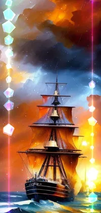 This lively phone background showcases a breathtaking painting of an ancient ship sailing through beautiful orange skies