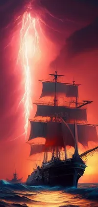 The phone live wallpaper features a surreal image of a pirate neon ship sailing through a large body of water under a red stormy sky