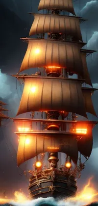 This phone live wallpaper showcases a stunning, large ship floating on a body of water with a fantasy flair